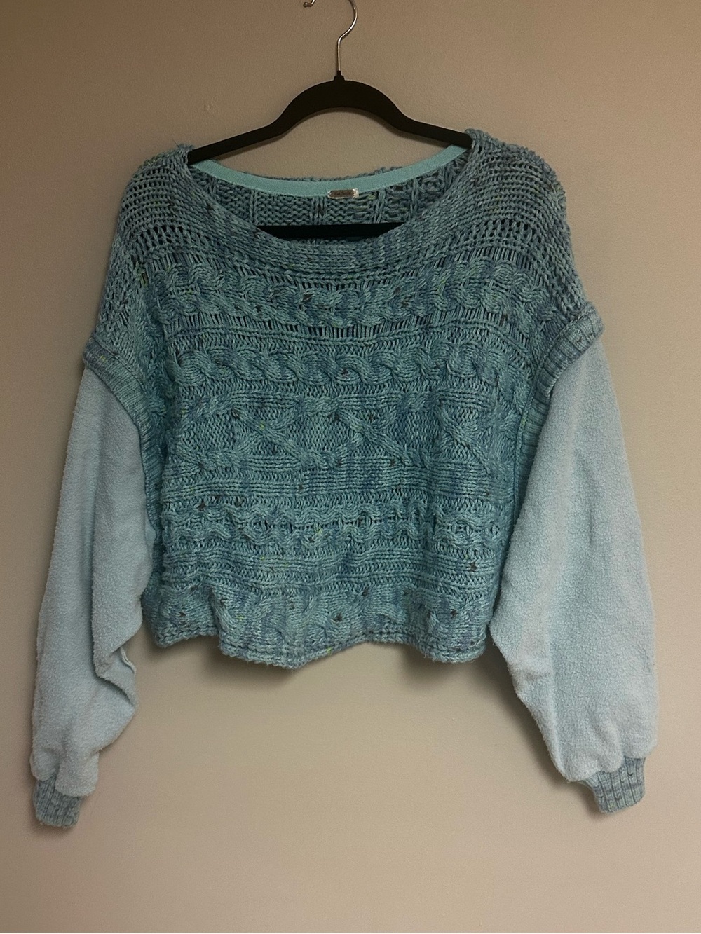 Free People Light Blue Cropped Textured Knit Scoop Neck Sweater Turquoise